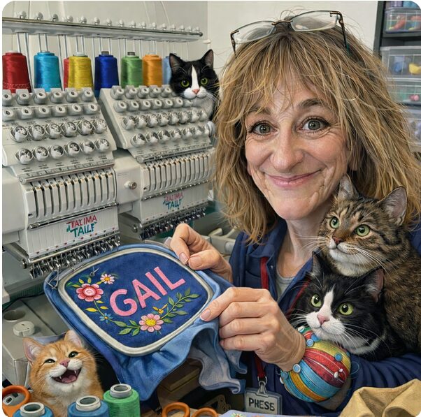 Gail at her embroidery machines with her cats, holding a custom embroidered GAIL patch